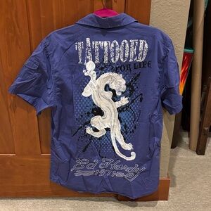 Ed Hardy Christian Audigier Men’s Tattooed Tiger Short Sleeve Pearl Snap Blue L